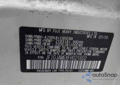 2015 Subaru Impreza 2.0I Limited z USA, uszkodzony, nr VIN JF1GJAM6XFH021602